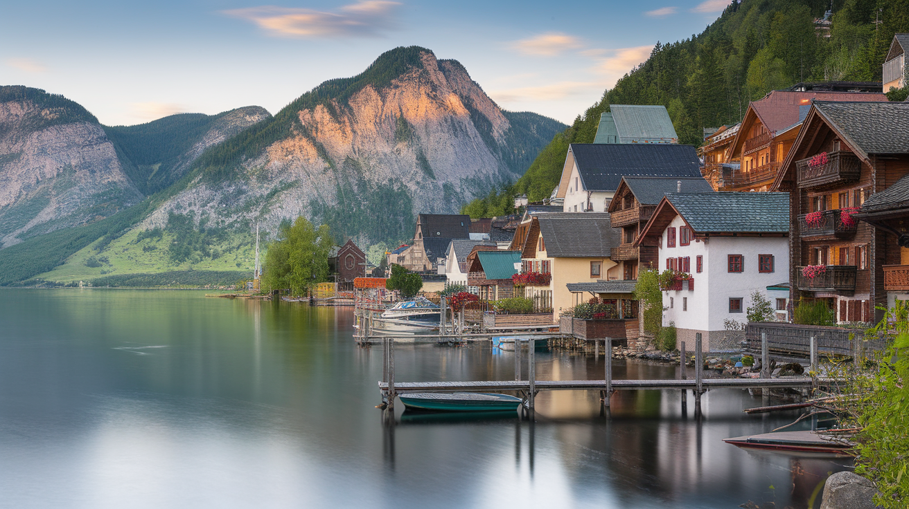 A scenic view of Hallstatt village in Austria, showcasing its beautiful lakeside houses and surrounding mountains.