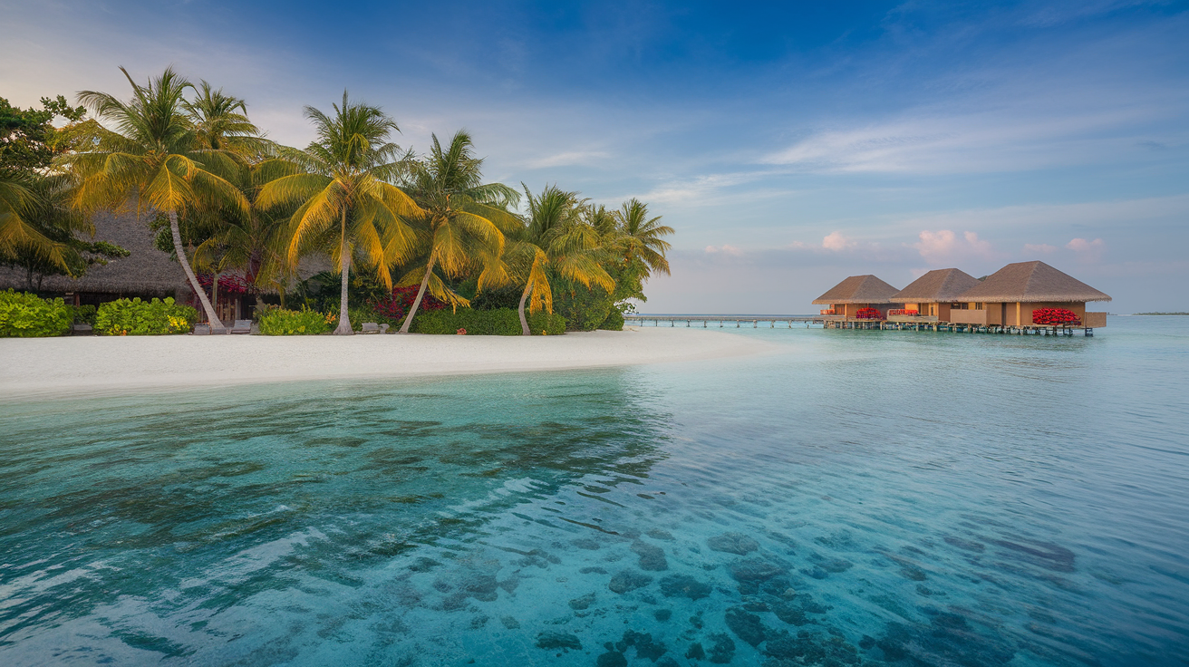 A beautiful beach scene in the Maldives with palm trees, clear blue water, and overwater bungalows.