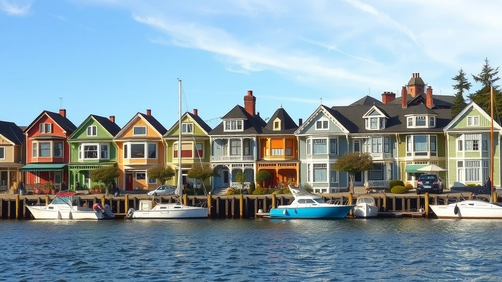 Colorful Victorian houses along the waterfront in Port Townsend, Washington.