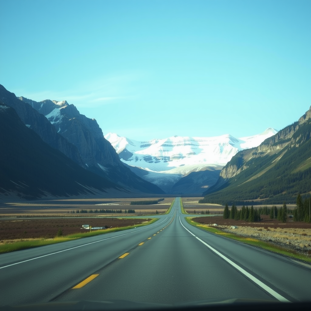 Scenic view of the Icefields Parkway with mountains and clear skies