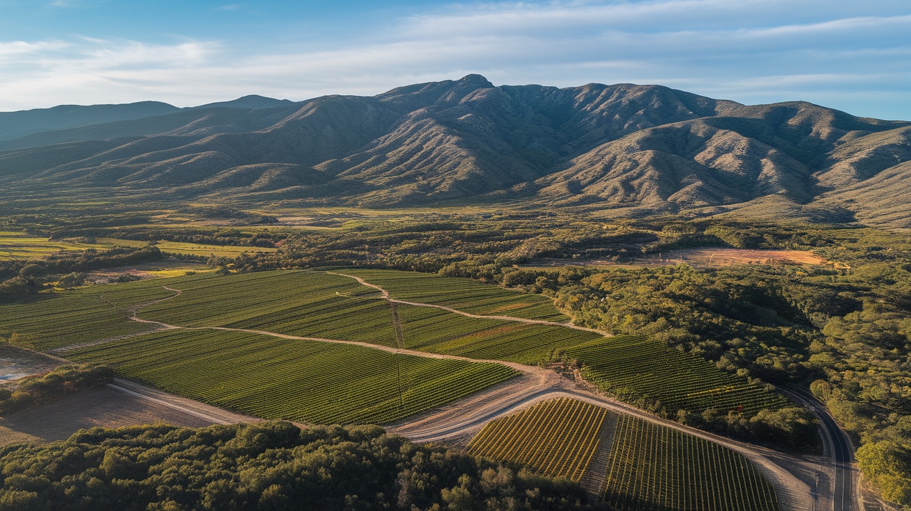 Aerial view of Swartland vineyards surrounded by mountains.