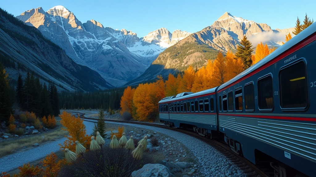 A Rocky Mountaineer train winding through scenic mountain landscapes with autumn foliage.