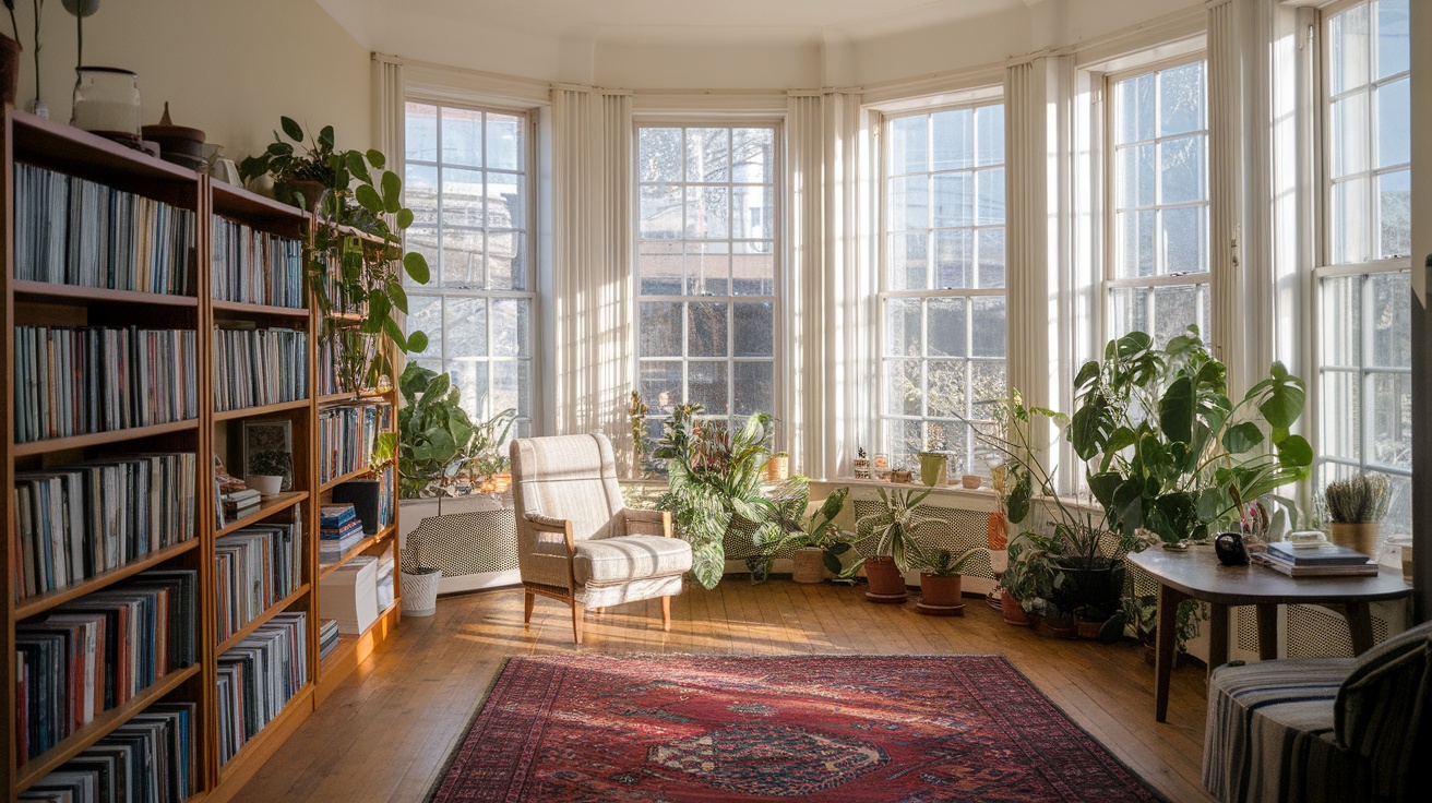 A cozy room filled with natural light, featuring a comfortable chair, plants, and a bookshelf.