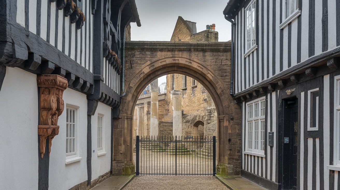 A view of Chester's historic architecture with a stone archway leading to ancient ruins.