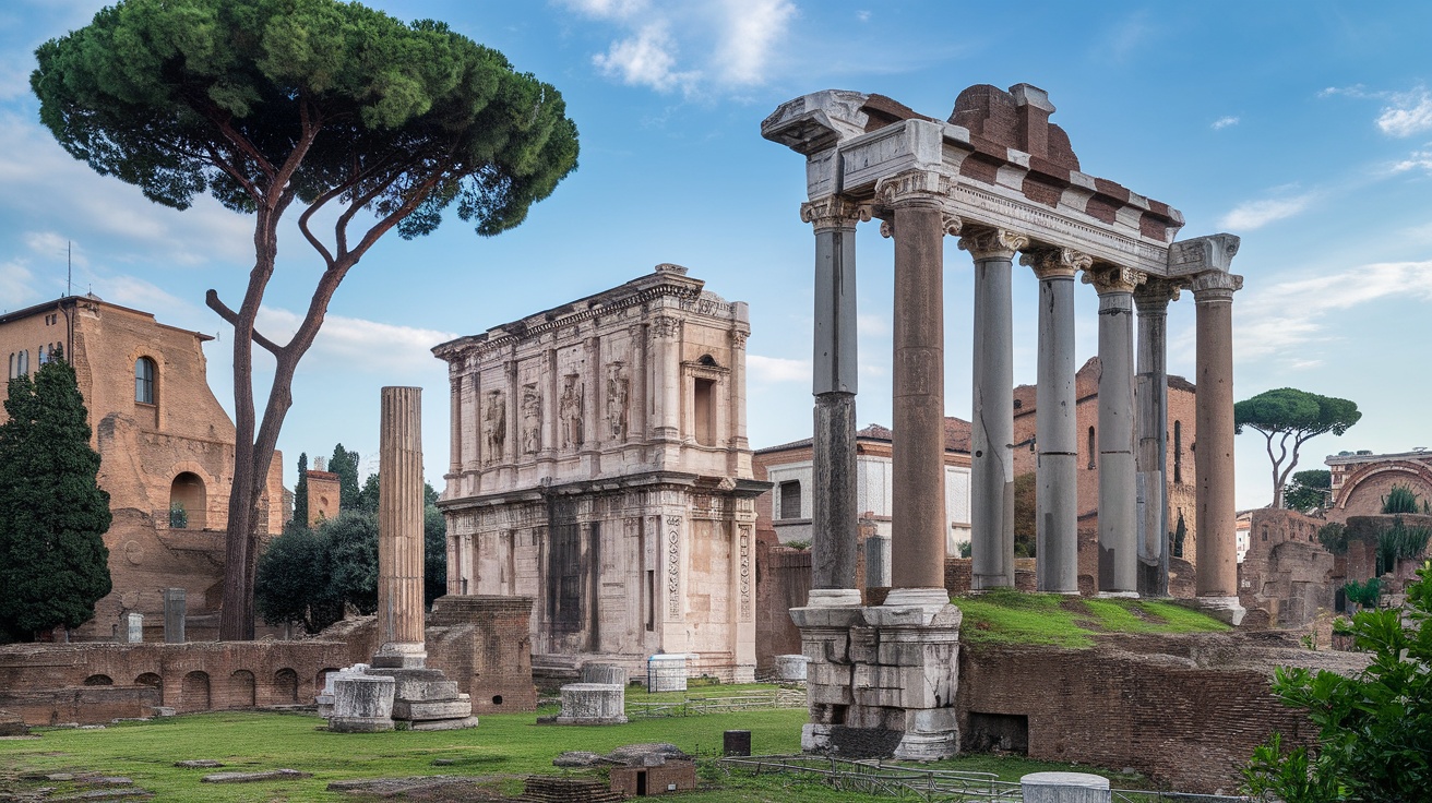 The Roman Forum with ancient ruins and tall trees.