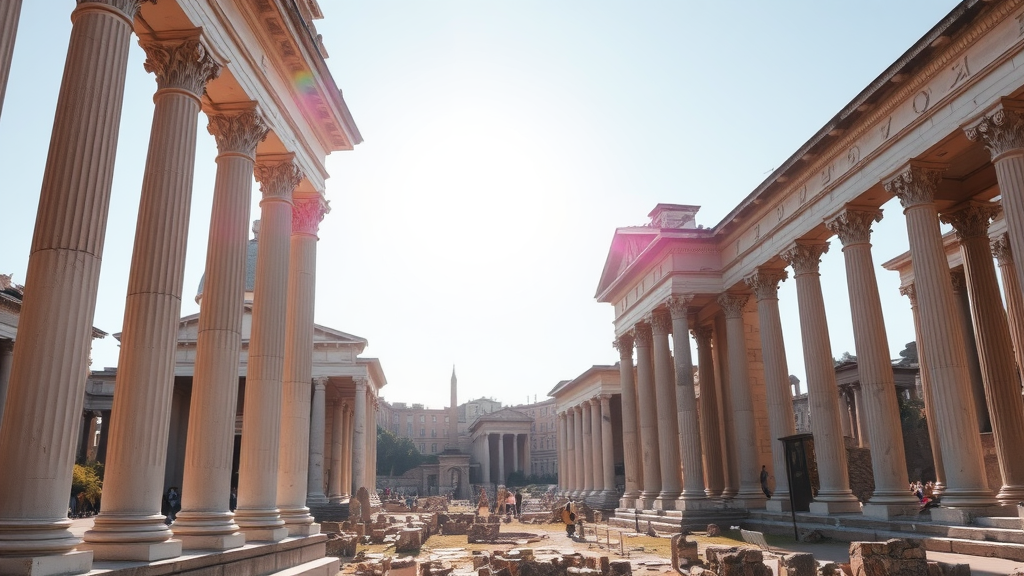 The Roman Forum showcasing ancient columns and ruins under a bright sky.