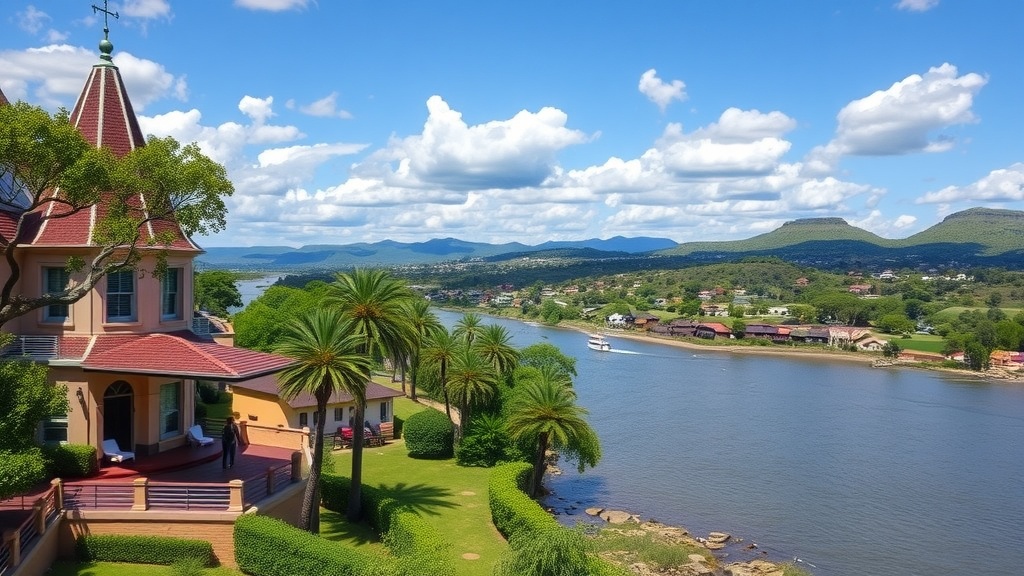 View of The Royal Livingstone Hotel by the Zambezi River with mountains in the background