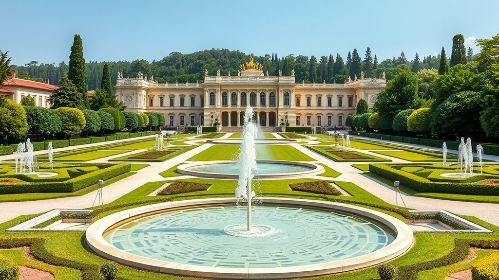 A view of the Royal Palace of Caserta, showcasing its beautiful gardens and fountains.