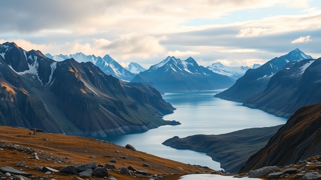 A breathtaking view of mountains and a fjord in East Greenland.