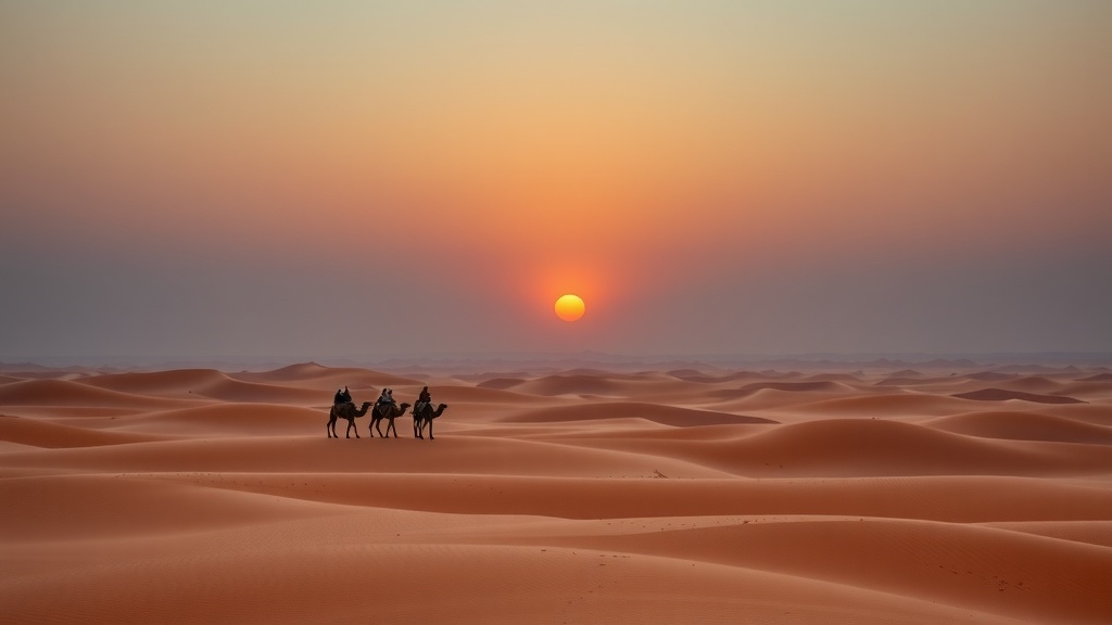 Camels walking in the Sahara Desert at sunset