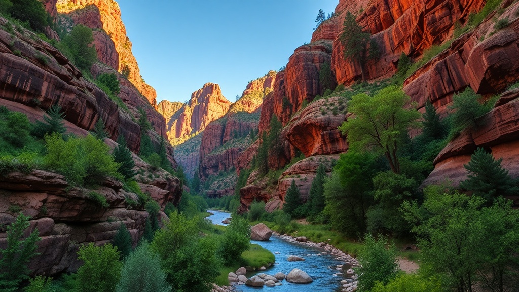 A scenic view of Oak Creek Canyon with red rock formations and a flowing river.