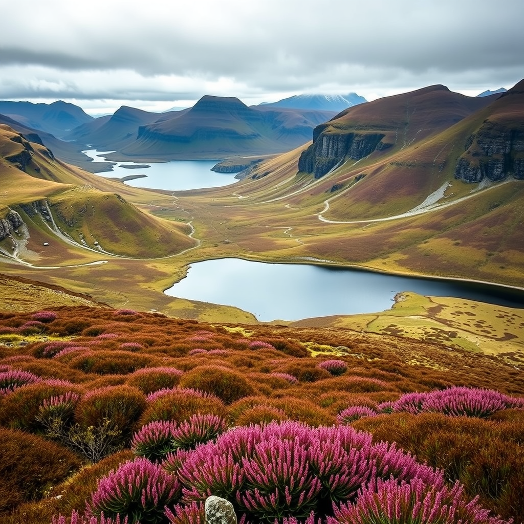 A scenic view of the Scottish Highlands with mountains and a lake