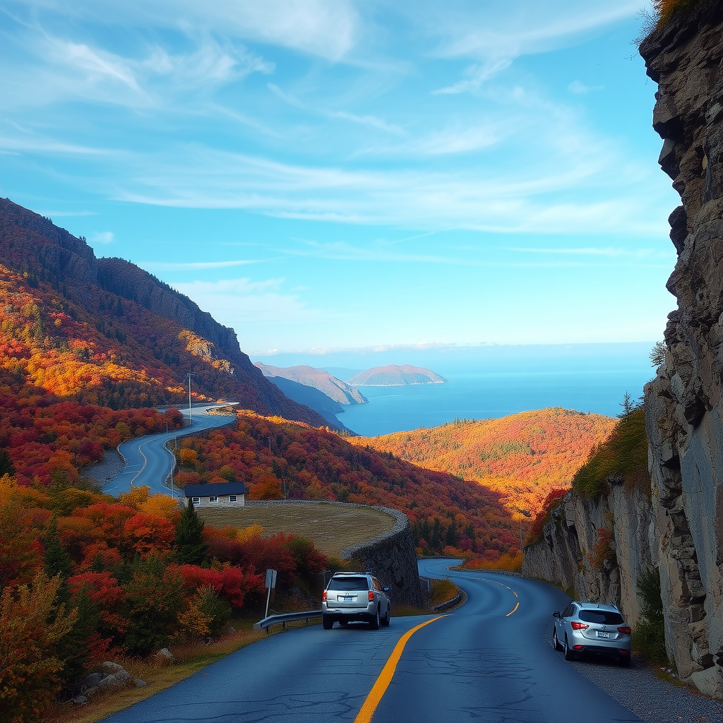 A scenic view of the Cabot Trail with winding roads and vibrant fall colors.