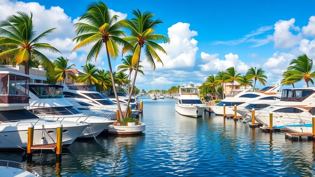 A serene view of the scenic canals in Fort Lauderdale, featuring yachts and palm trees under a bright blue sky.