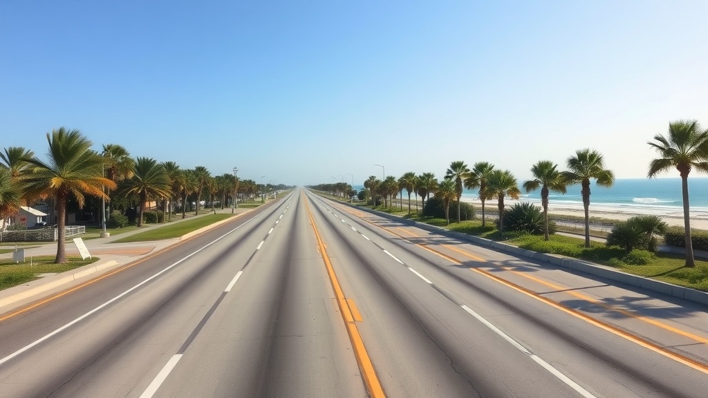 A scenic view of A1A with palm trees lining the road and the ocean in the background.