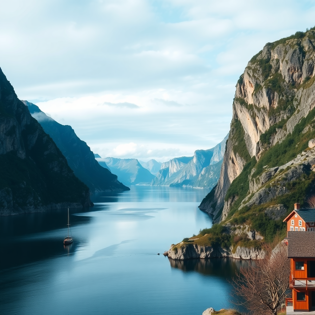 A picturesque view of the fjords in Norway with steep cliffs and a calm waterway.