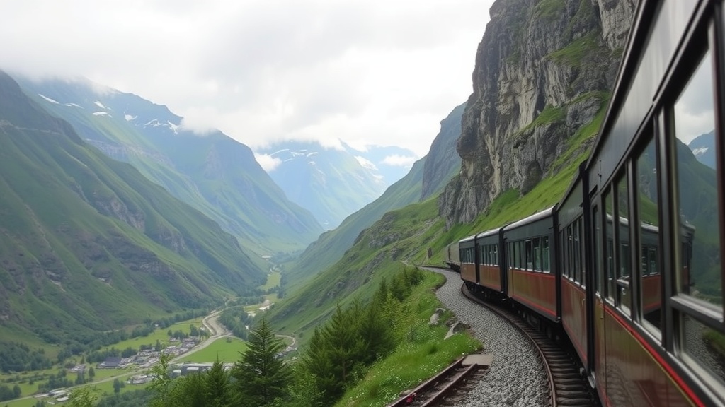 Scenic view from the Flåm Railway with mountains and greenery