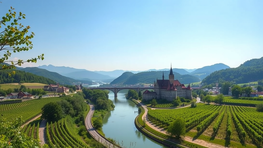 A picturesque view of the Rhine Valley featuring vineyards, a river, and a castle.