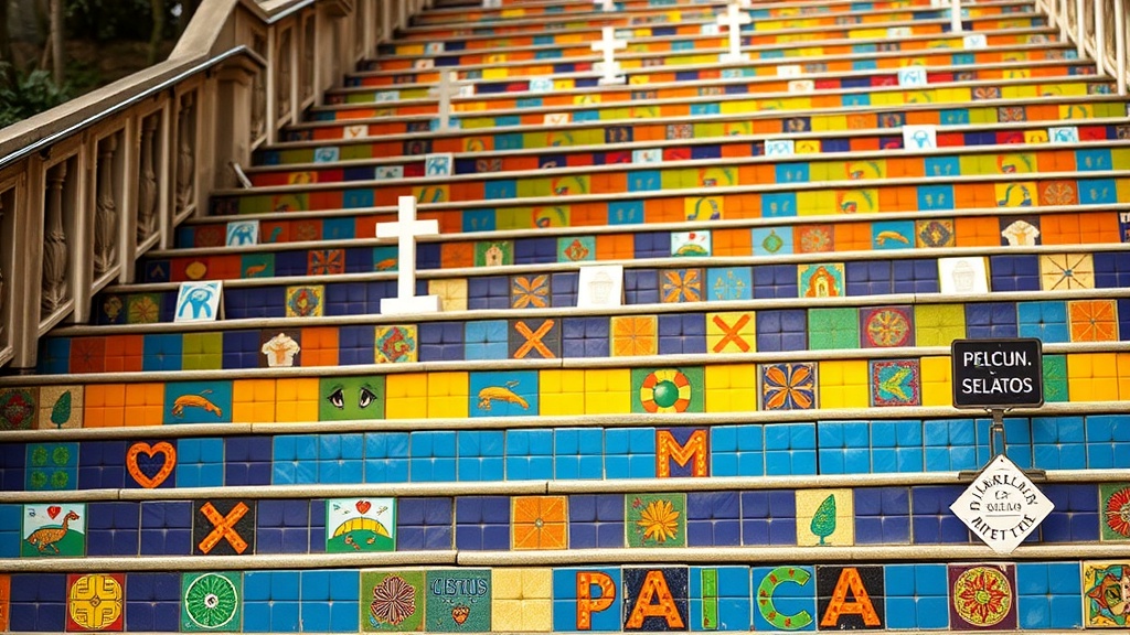 Colorful tiled steps known as the Selaron Steps in Rio de Janeiro.