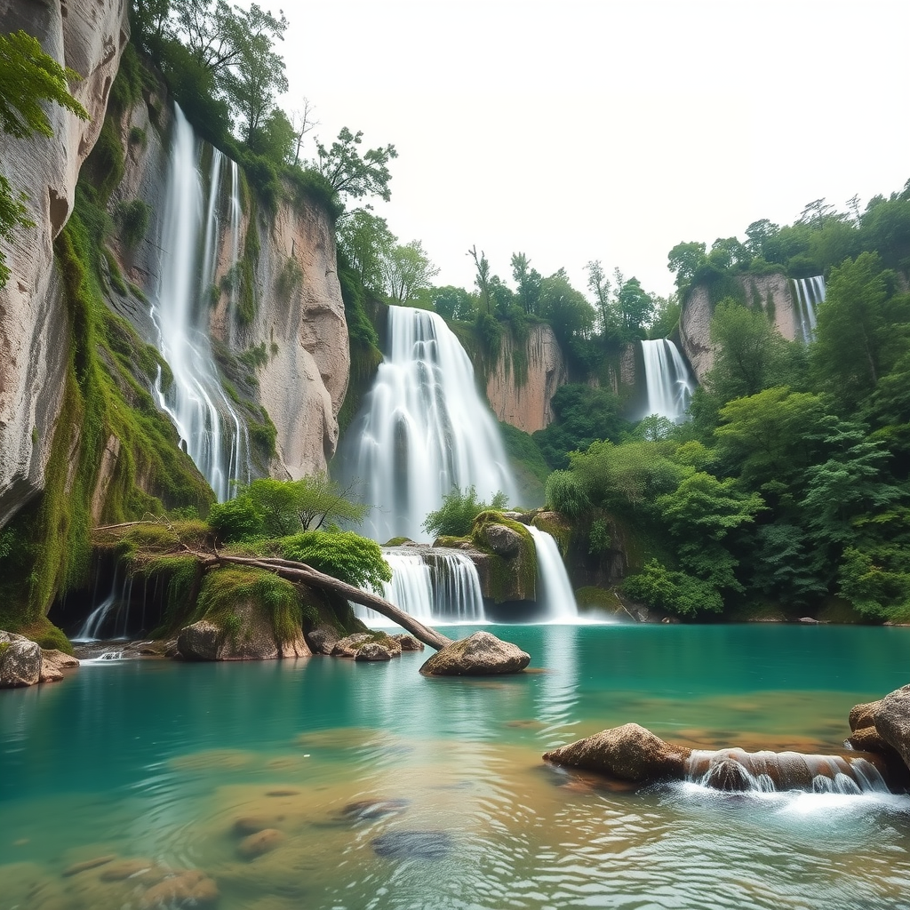 A tranquil view of waterfalls cascading into turquoise lakes, surrounded by rich green foliage at Plitvice Lakes National Park, Croatia.