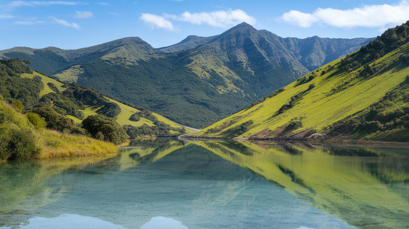 A serene landscape in New Zealand featuring green hills, mountains, and calm waters.