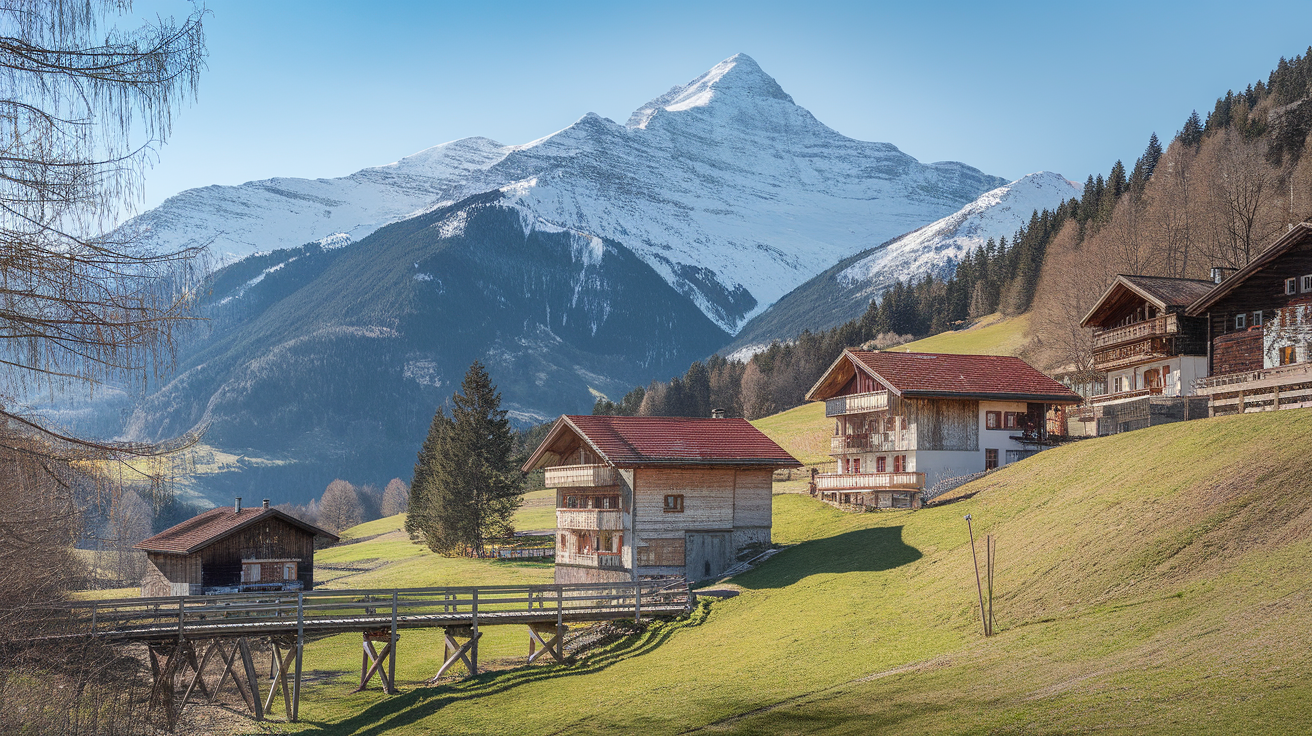 Scenic view of traditional Swiss chalets in the Alps with snow-capped mountains in the background.