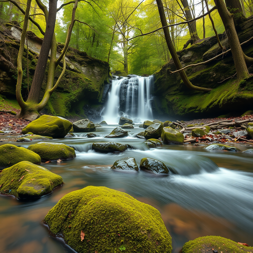 A serene waterfall surrounded by lush greenery and mossy rocks.