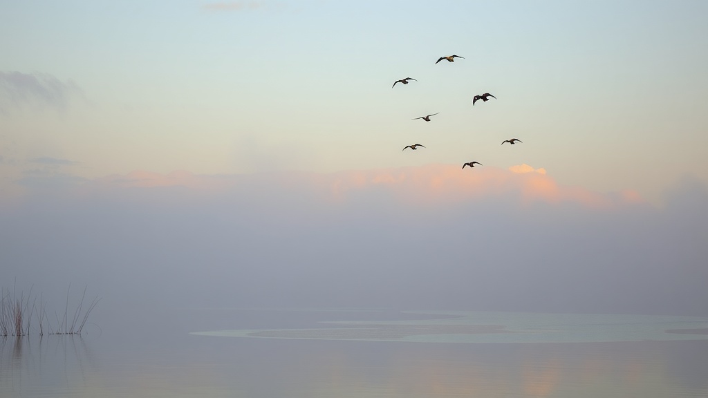 A serene view of Lake Okeechobee with birds flying over the calm waters at dawn.