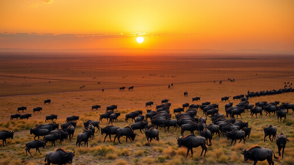 Herd of wildebeest grazing during sunset in Serengeti National Park, Tanzania.