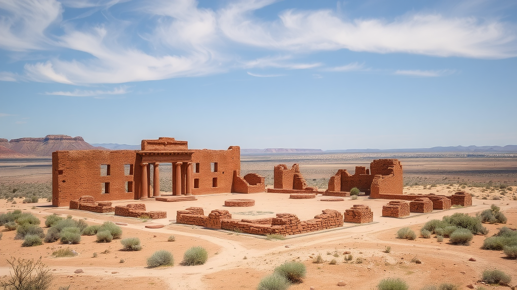 Aerial view of Chaco Culture National Historical Park with ancient ruins and desert landscape.