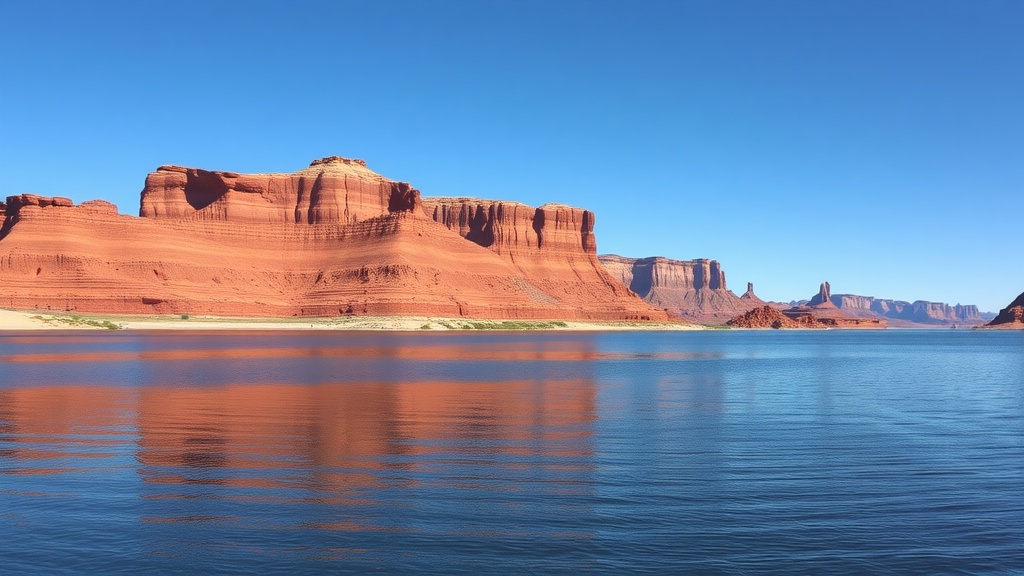 A serene view of Lake Powell with red rock formations and calm blue waters.