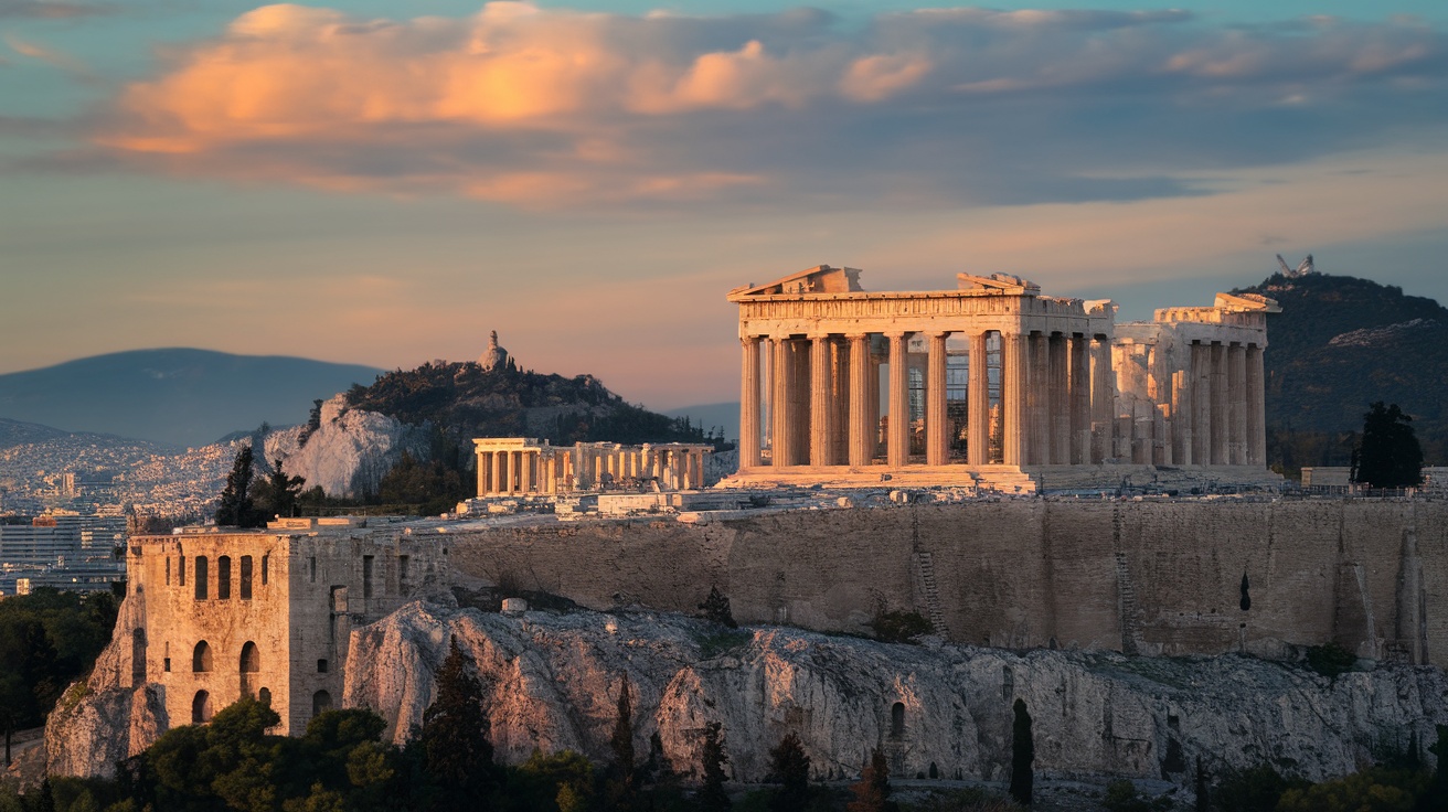 A panoramic view of the Acropolis in Athens, showcasing the Parthenon and surrounding ancient structures against a scenic backdrop.