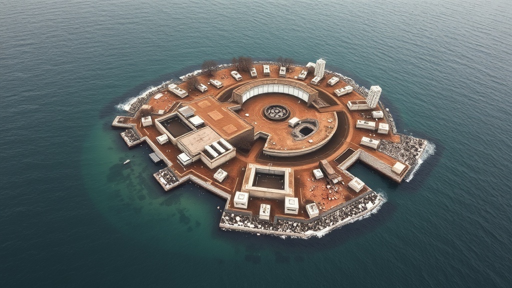 Aerial view of the abandoned Hashima Island surrounded by water.