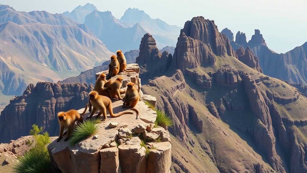 A group of Gelada baboons sitting on a cliff in the Simien Mountains, surrounded by beautiful mountain scenery.