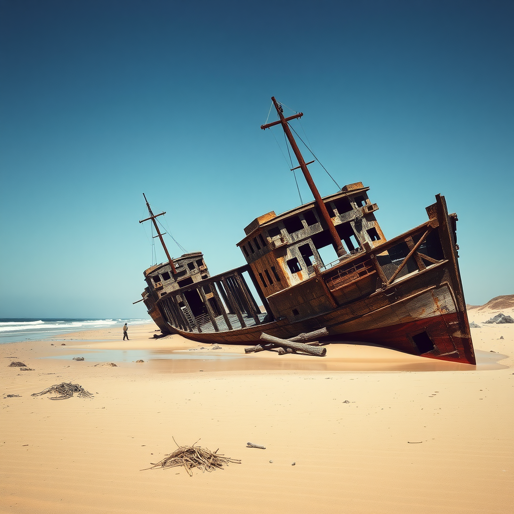 A shipwreck on the Skeleton Coast, showcasing the stark beauty of the sandy shoreline and ocean.