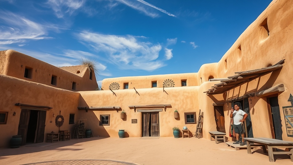 A view of Taos Pueblo with adobe buildings and a clear blue sky.