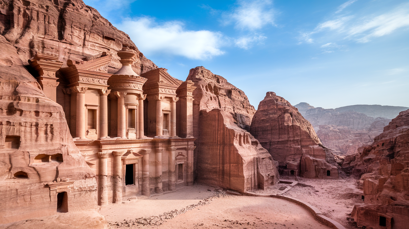 A view of the stunning architecture of Petra, Jordan, featuring carved structures in red rock and scenic mountains.