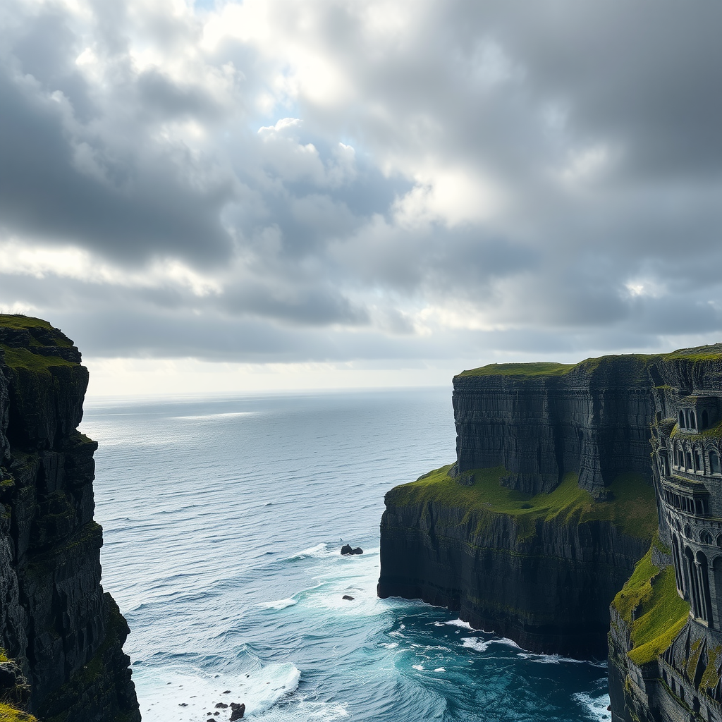 A view of the Cliffs of Moher, showcasing steep cliffs against the ocean and cloudy sky.