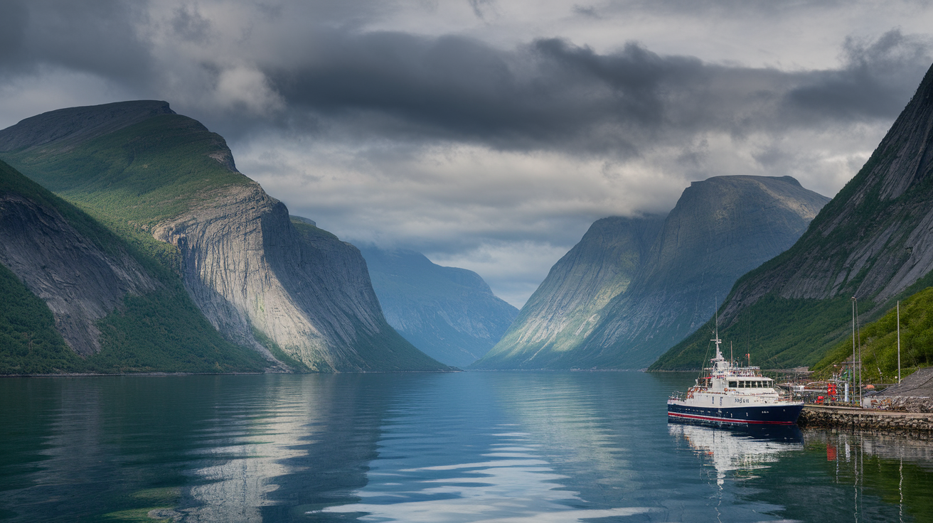 A beautiful view of a fjord in Norway with mountains on either side and a boat at the shore.