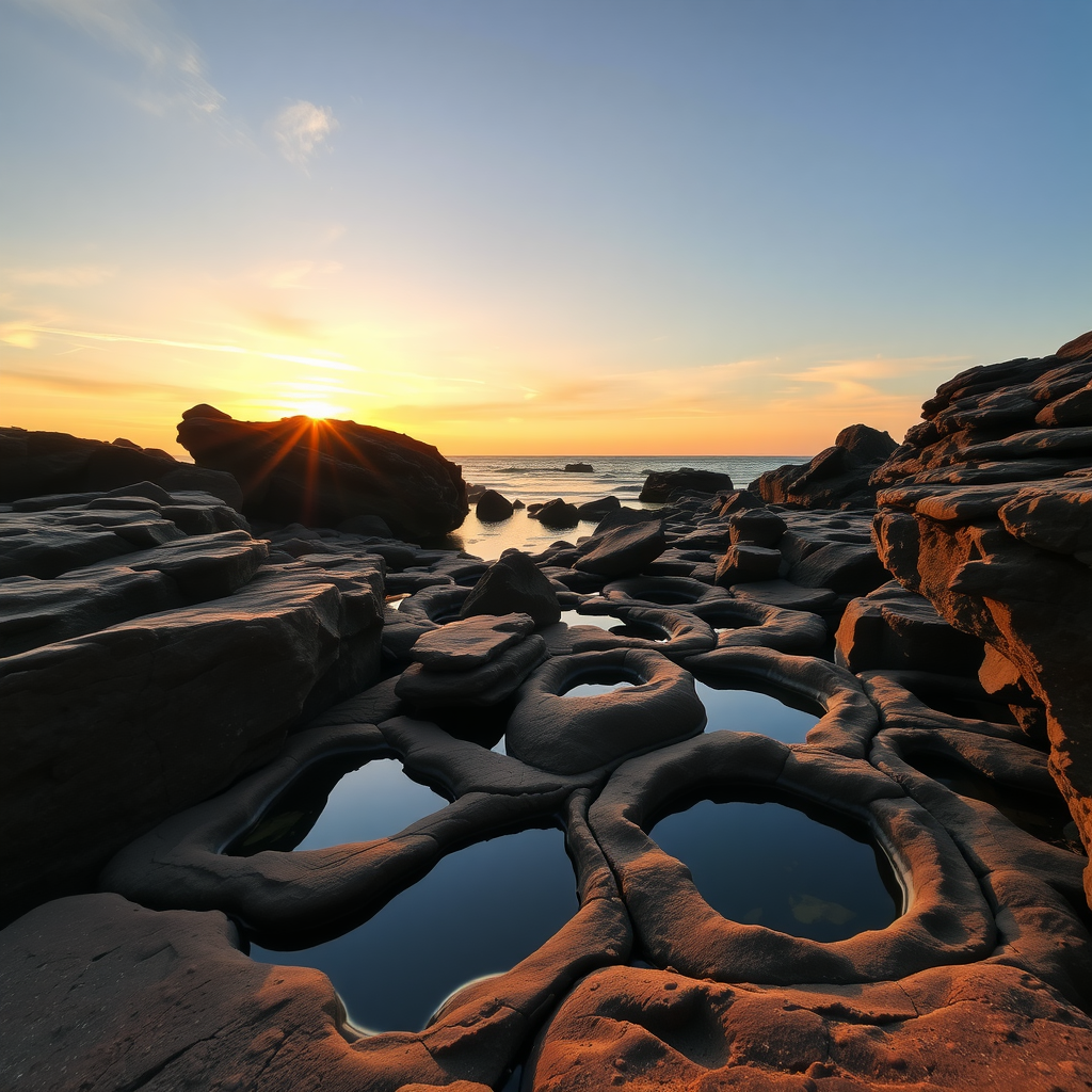 Hopewell Rocks at sunset, showcasing unique rock formations and tide pools.