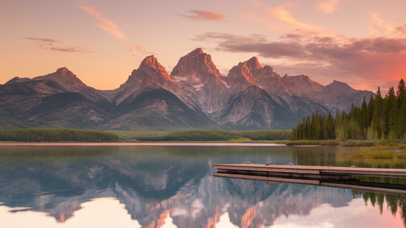 A scenic view of the Teton mountains reflecting in Jackson Lake during sunset.