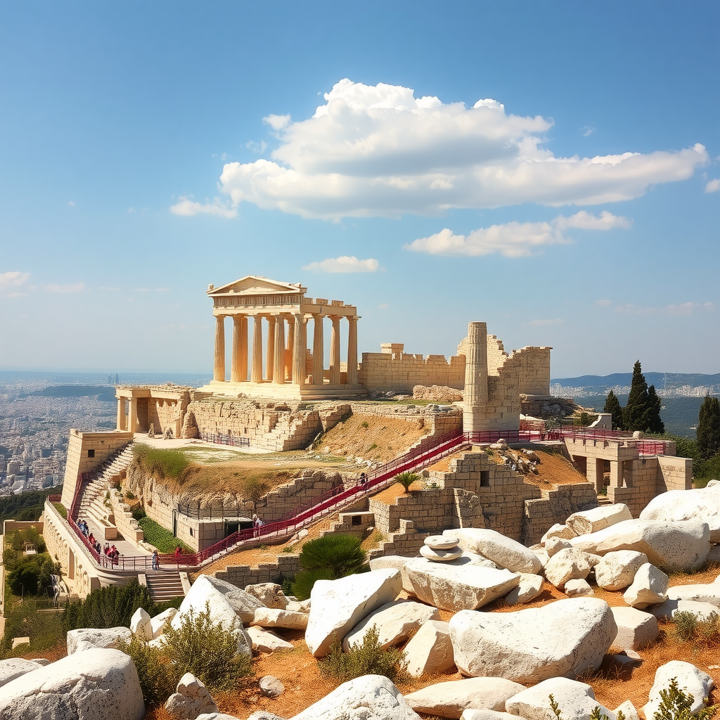 A view of the Parthenon on the Acropolis with a clear blue sky