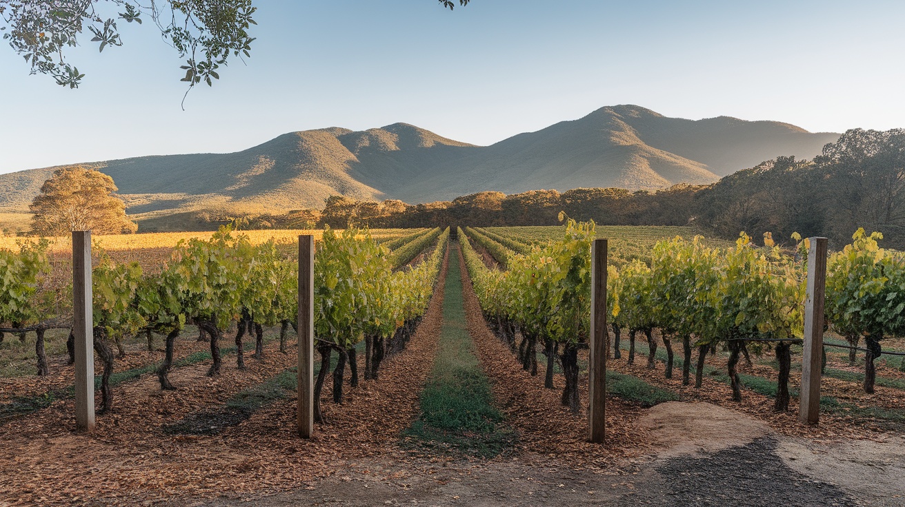 Vineyards in Tasmania with mountains in the background