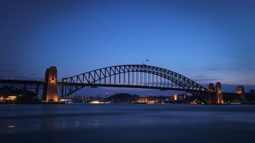 Sydney Harbour Bridge at night with city lights in the background