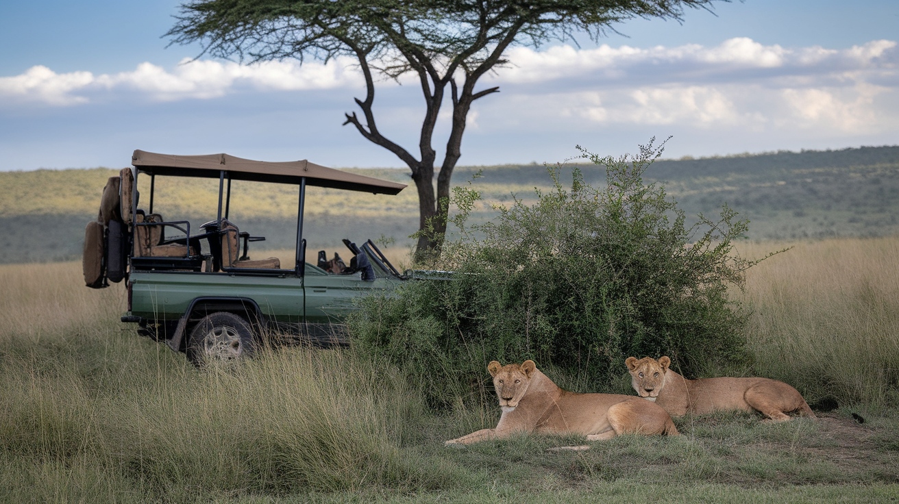 A safari scene in Serengeti, Tanzania, featuring two lions resting near a safari vehicle under a tree.