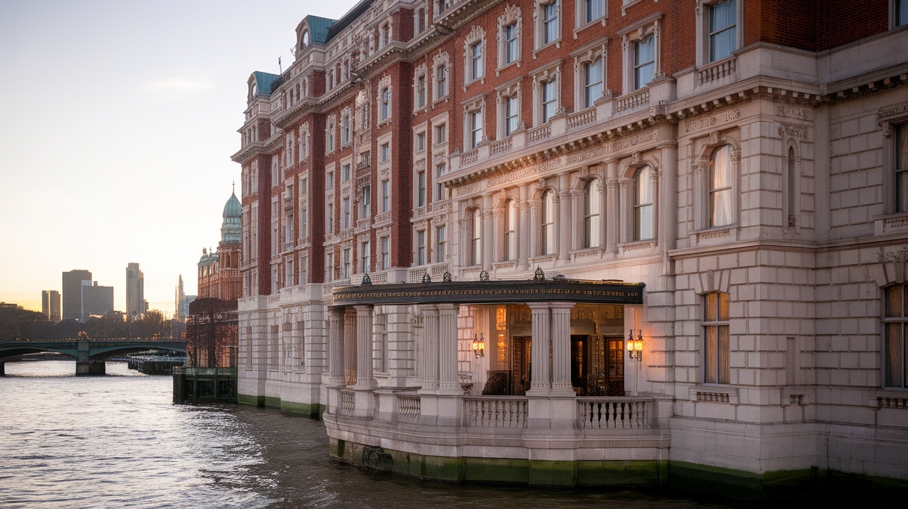 Exterior view of The Savoy London with the River Thames in the foreground and city skyline in the background.