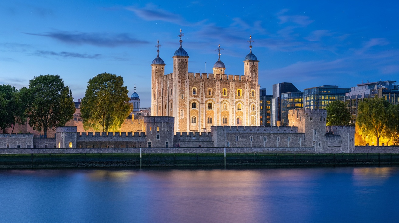The Tower of London illuminated at dusk, showcasing its historic architecture and surrounding trees.