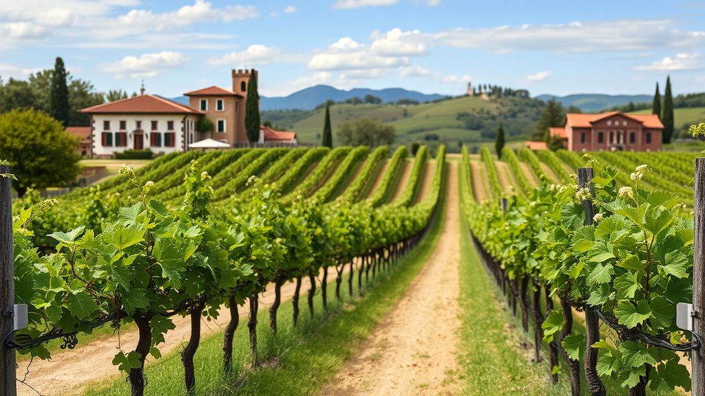 Vineyards in Chianti with a red wine bottle in the foreground