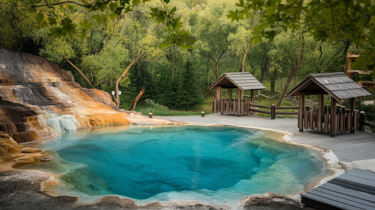 A serene view of Hot Springs State Park featuring a mineral pool surrounded by trees and wooden structures.