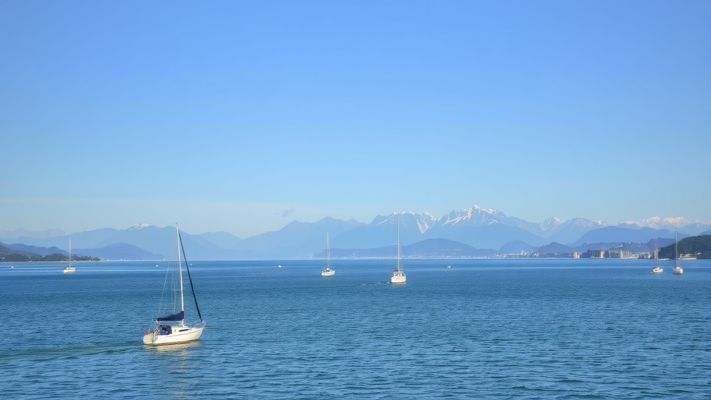 A serene view of Lake Constance with a sailboat and mountains in the background.